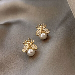 Bumble Bee Gold Tone Pearl Earrings Stud Women Gift Honey Bee Minimalist Jewelry